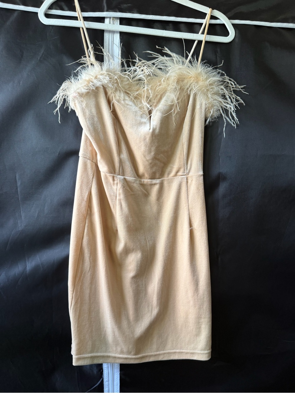 Superdown Champagne Feather Trim Bodycon Mini Dress | Size Small